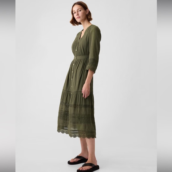 Gap NWT Textured Crinkle Lace Midi Dress in Olive Green, Size L - Picture 4 of 11